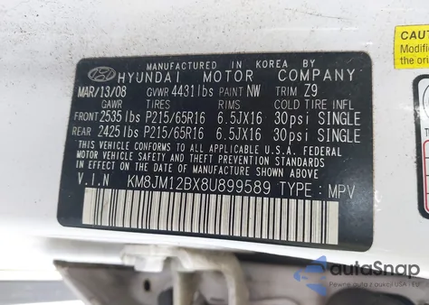 2008 Hyundai Tucson Gls z USA, uszkodzony, nr VIN KM8JM12BX8U899589